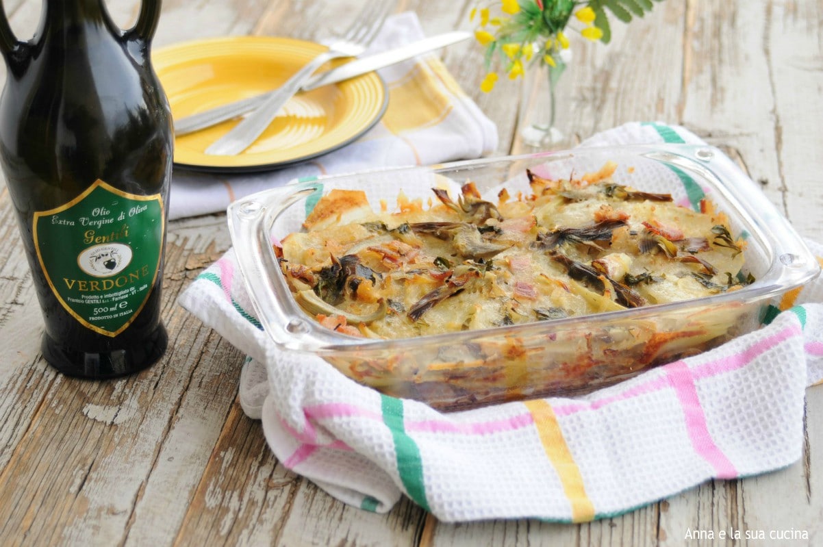Kartoffelauflauf mit Artischocken und Speck