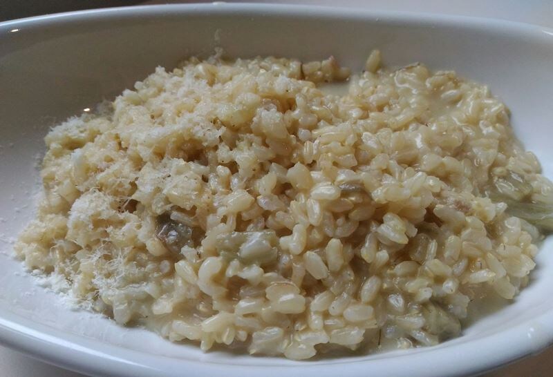 Vollkornreis mit Hühnerbrühe, Kardonen und Parmesan