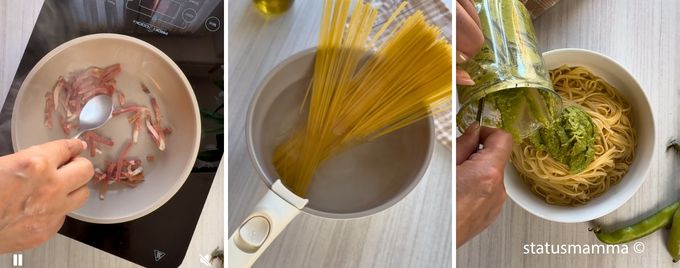 Pasta mit Favabohnencreme, knusprigem Speck und Provolone-3