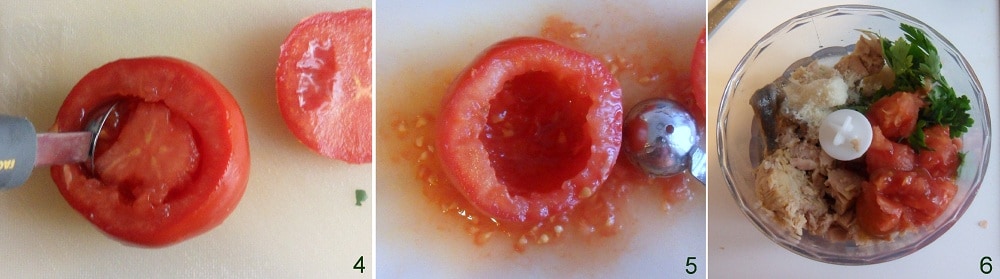 Fleischtomaten mit einem Kugelstecher von der Pulpe befreien