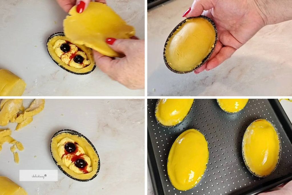 Schritte zum Schließen und Backen der Pasticciotti: Mit Teig bedecken, Ränder versiegeln, bestreichen und in den Ofen schieben.