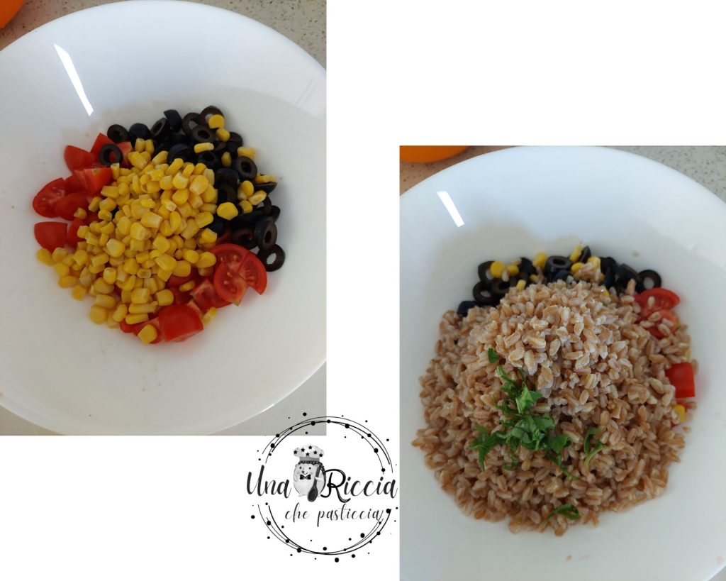 Zubereitung Frischer Dinkelsalat mit Kirschtomaten, Mais und Oliven