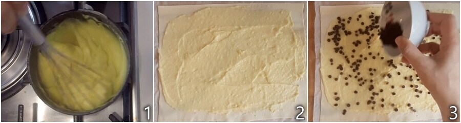 a. den Blätterteig mit Creme und Schokoladensplittern füllen