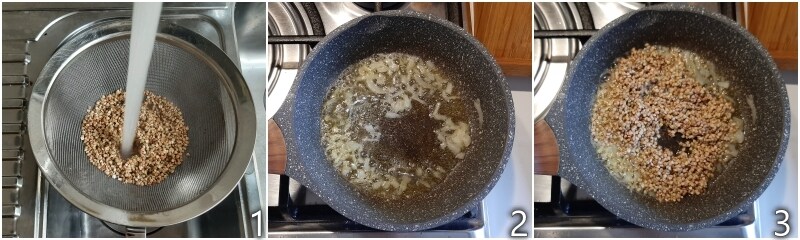 a. die Buchweizenkörner mit der Zwiebel rösten
