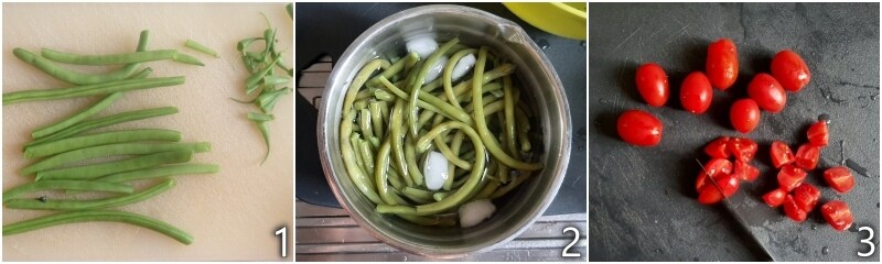 a. grüne Bohnen kochen und in Eiswasser tauchen