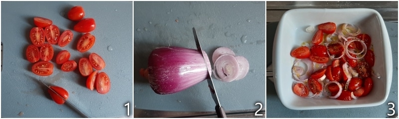 a. Kirschtomaten mit Öl, Oregano und Zwiebel würzen