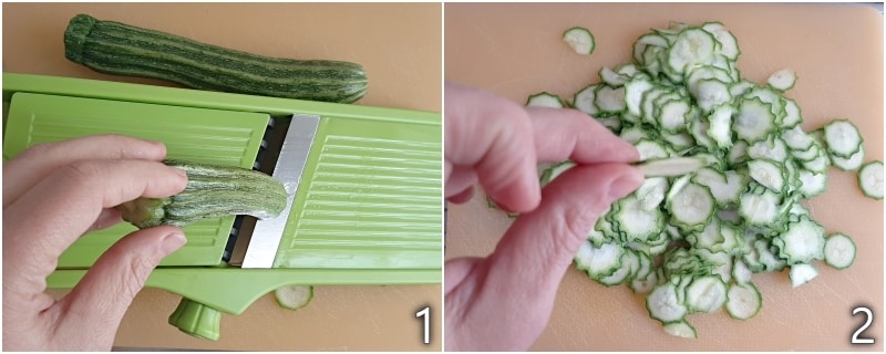 a. Schneiden Sie die Zucchini sehr dünn mit der Mandoline