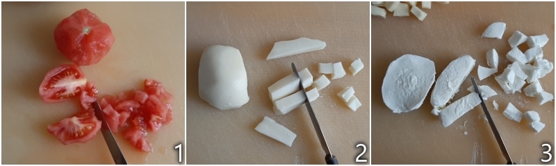 a. Tomaten, Caciotta und Fior di Latte für die Pasta alla Ceccha schneiden