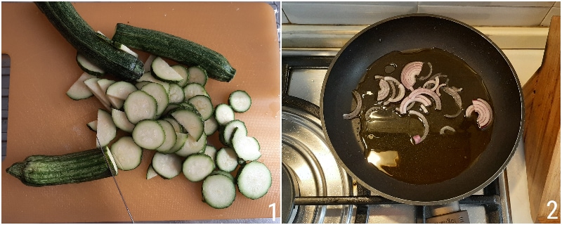 a. Zucchini und Zwiebel in dünne Scheiben schneiden für das Omelett