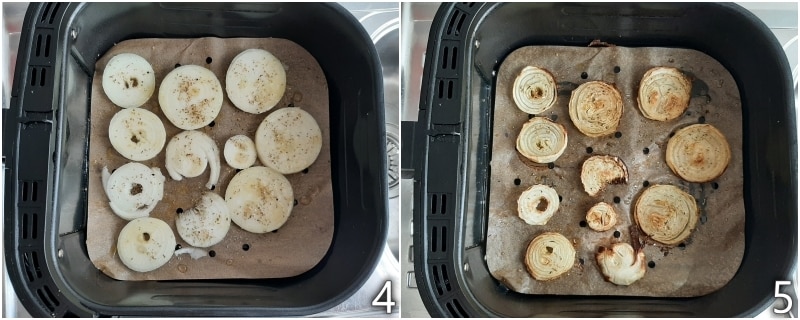 b. Zwiebelnscheiben in der Heißluftfritteuse garen