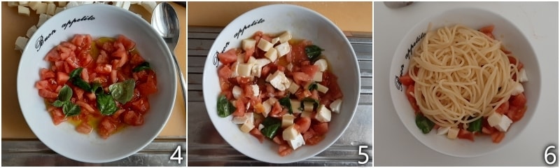 b. die Sauce alla Checca roh anrichten und die Spaghetti hinzufügen