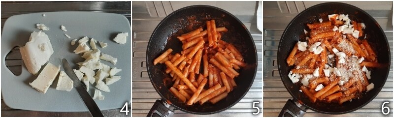 b. Die Ziti mit Tomatensauce und Fior di Latte würzen