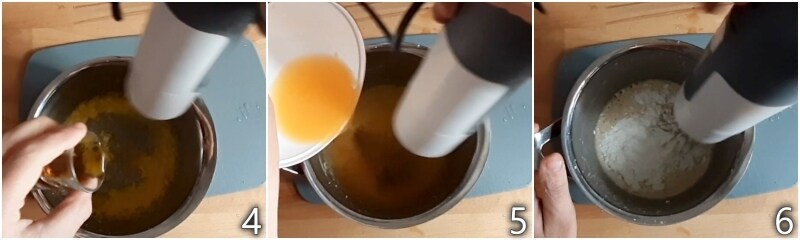 b. sbattere tuorli e succo di mandarini per la crema