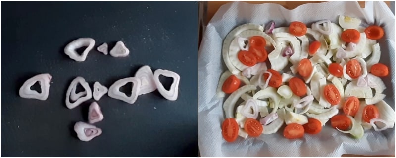 b. Fenchel, Kirschtomaten und Tropea-Zwiebeln auf das Backblech legen