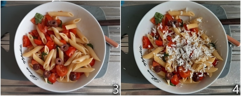 b. Die Penne alla Crudaiola Apulien abgießen und sofort würzen