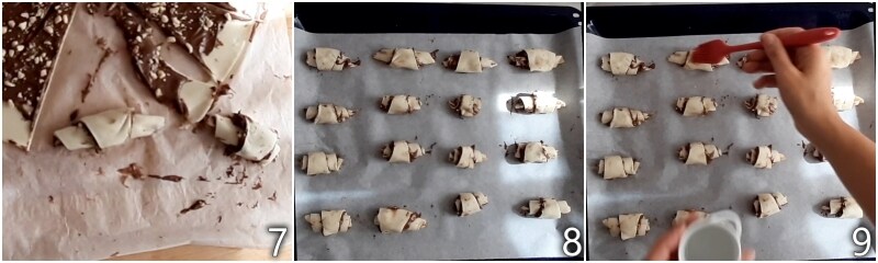 c. die Mini-Blätterteighörnchen mit Wasser bestreichen