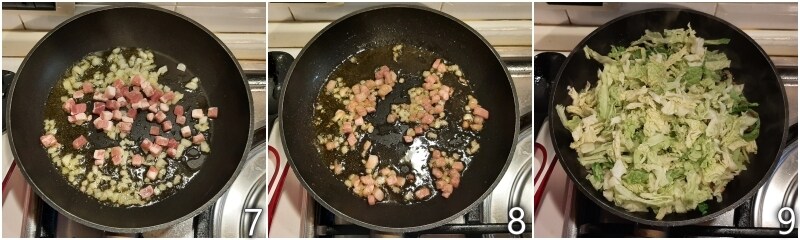 c. Speck anbraten und Wirsingkohl hinzufügen