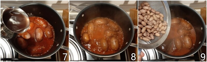 c. cuocere le salsicce in umido con pomodoro e acqua dei fagioli