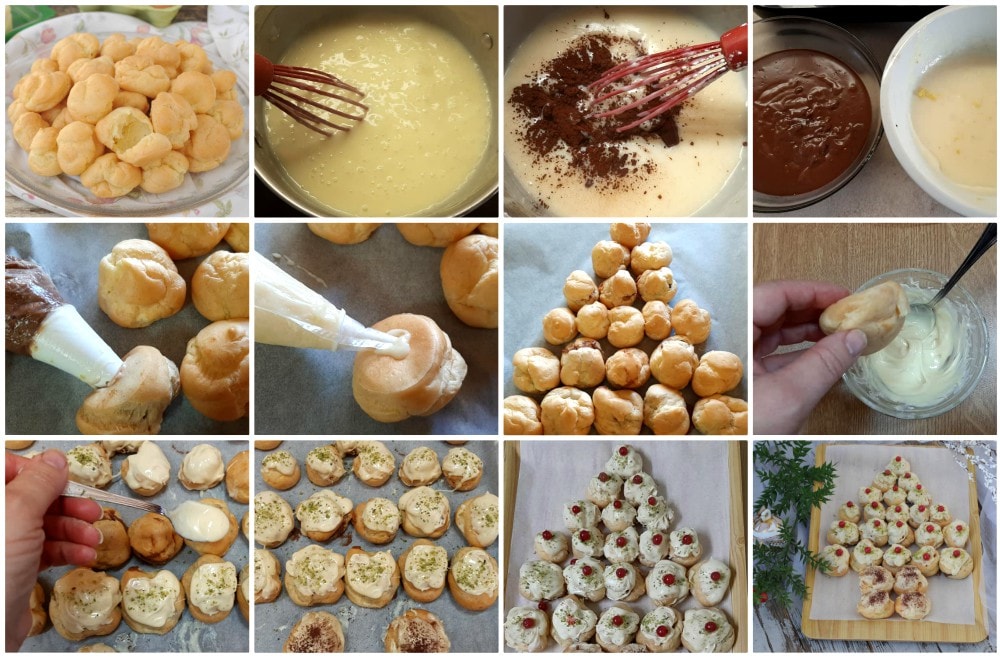 Weihnachtsbaum aus Profiteroles mit Creme und Schokolade