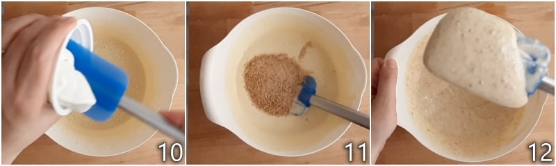d. dem Teig den griechischen Joghurt mit Pfirsichgeschmack hinzufügen