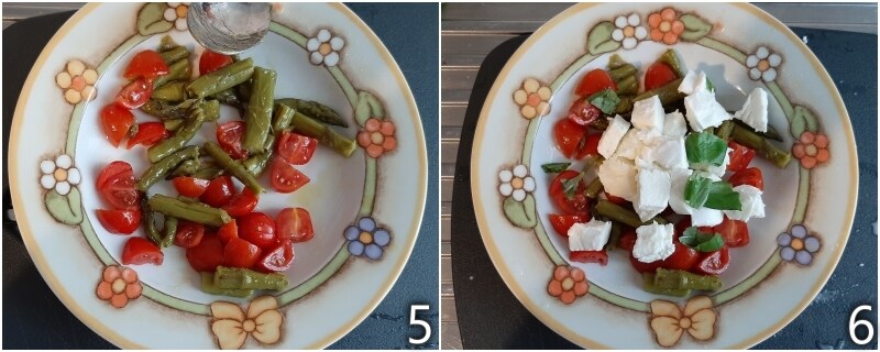 d. den Spargelsalat mit Öl, Salz und Basilikum würzen