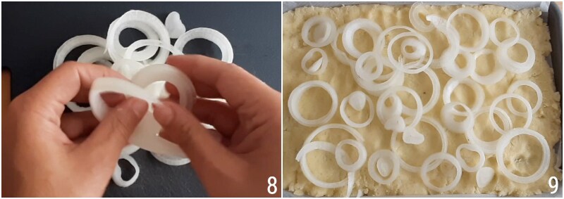 d. die Zwiebeln zum Kartoffel-Fladen hinzufügen