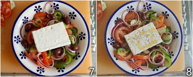 d. Feta und Oliven zum Tomaten- und Gurkensalat hinzufügen
