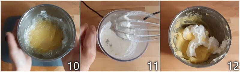 d. montare la panna e far raffreddare la crema
