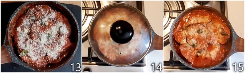 e. die Auberginen-Parmigiana in der Pfanne kochen