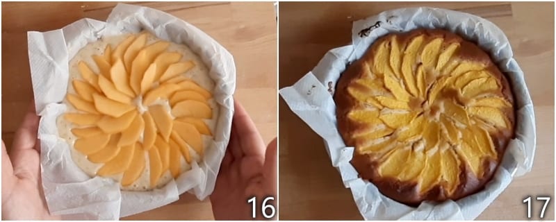 f. den Pfirsich-Amarettini-Kuchen im Ofen backen