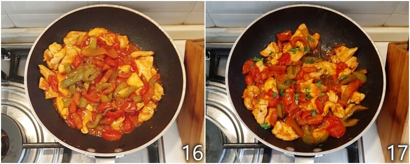 f. Hähnchenbrust in der Pfanne mit Paprika in süß-saurer Sauce würzen