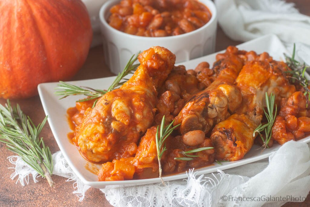 Hähnchen mit cremigem Kürbis und Borlottibohnen