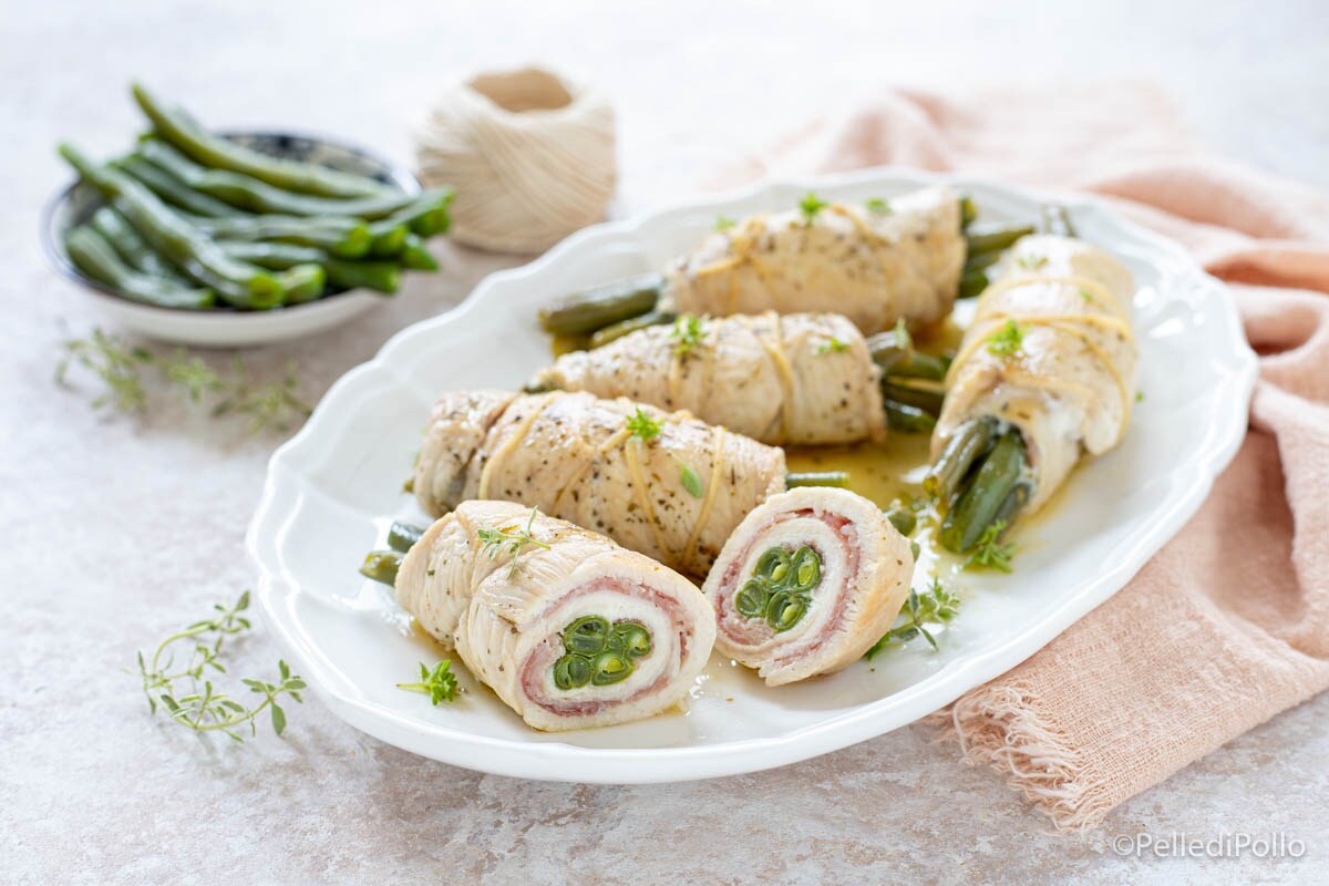 Hähnchenröllchen mit grünen Bohnen