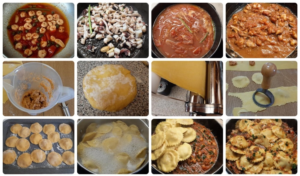 Frische Ravioli mit Tintenfischen und Garnelen in Tomatensauce