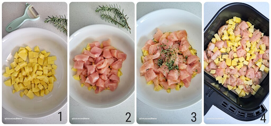 Hähnchenstücke und Kartoffeln im Luftfrittierer