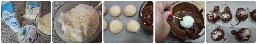 Bonbons mit Kokos und Mascarpone, überzogen mit Schokolade