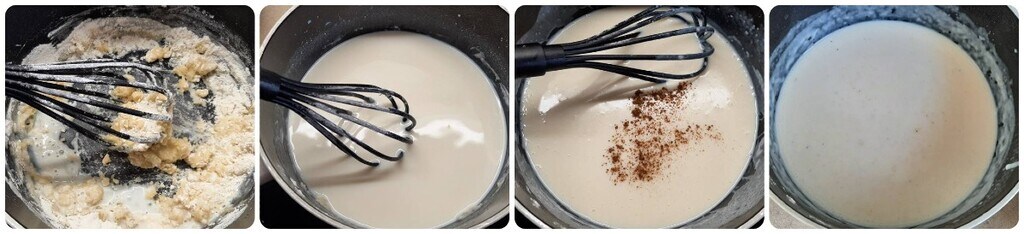 An diesem Punkt gießen wir die kalte oder auf Raumtemperatur erwärmte Milch ein, Sie müssen sie nicht vorher erhitzen, alles auf einmal unter schnellem Rühren. Bringen Sie es auf Temperatur und kochen Sie es unter ständigem Rühren, bis es eindickt.