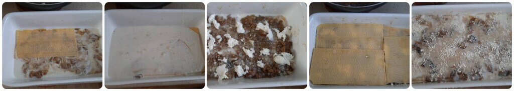 weiße Lasagne mit Pilzen und Wurst