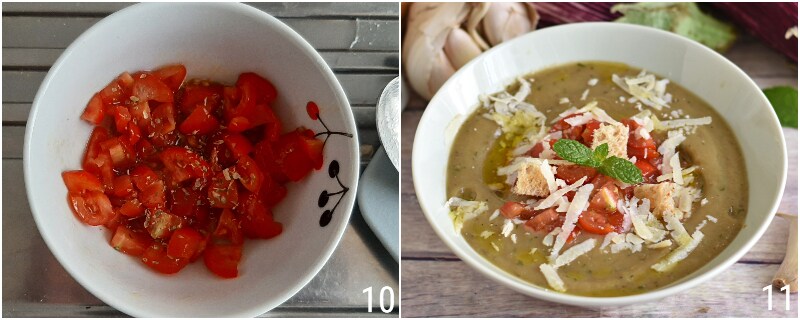 kalte Auberginencremesuppe Gazpacho aus Auberginen sommerliche Cremesuppe mit Kirschtomaten und Grana il chicco di mais 5 Garnieren