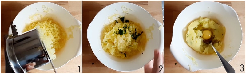 Kartoffelkuchen in der Pfanne mit gekochtem Schinken und Käse, schnelles Rezept ohne Ofen, il chicco di mais 1 Kartoffeln zerdrücken