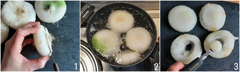 mit Fleisch gefüllte Zwiebeln aus dem Ofen, einfaches und schmackhaftes Rezept mit flachen Zwiebeln, der Maiskorn 1 Zwiebeln aushöhlen