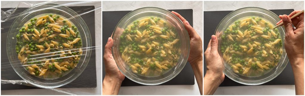 Im Mikrowellenofen überbackene Pasta
