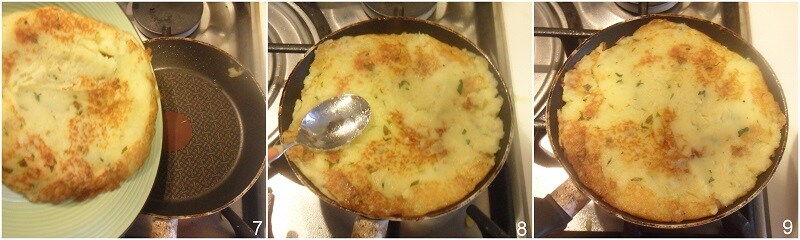 pürierte gekochte Kartoffeln in der Pfanne für den Kuchen kochen