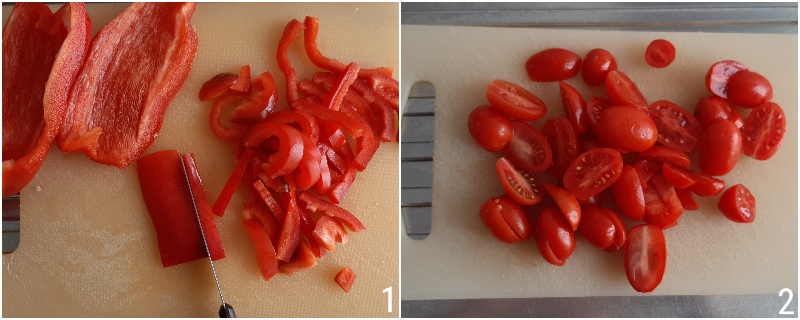 pugliese Paprikagemüse Rezept aus Taranto und Salento Paprika in der Pfanne mit Kapern Schritt 1 Paprika und Tomaten schneiden