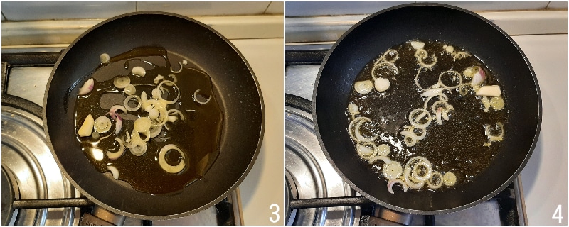 pugliese Paprikagemüse Rezept aus Taranto und Salento Paprika in der Pfanne mit Kapern Schritt 2 Zwiebel und Knoblauch anbraten