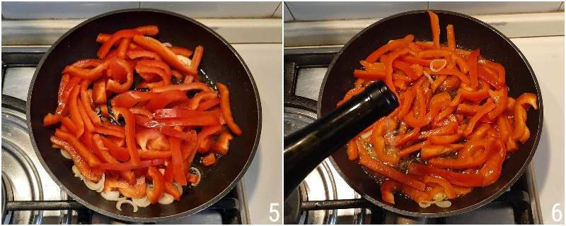 pugliese Paprikagemüse Rezept aus Taranto und Salento Paprika in der Pfanne mit Kapern Schritt 3 mit Weißwein ablöschen