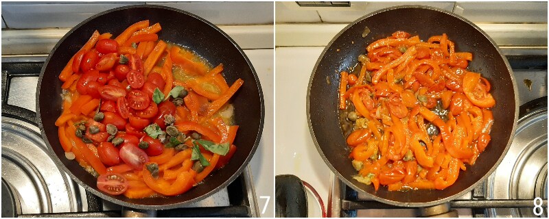 pugliese Paprikagemüse Rezept aus Taranto und Salento Paprika in der Pfanne mit Kapern Schritt 4 schmoren lassen
