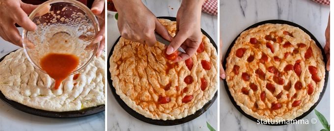 weiche-focaccia-kartoffelflocken-belag für focaccia-kirschtomaten-blech mit gestreckter focaccia
