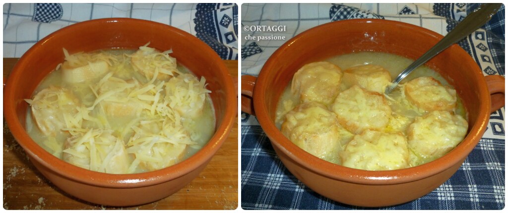 Regelmäßige Scheiben vom Brot schneiden, dann toasten (mit einem Toaster oder auf dem Grill). Die Zwiebelsuppe in so viele Schüsseln (ofenfest) wie Gäste geben, darauf das getoastete Brot legen, eine weitere Kelle Suppe darüber geben und mit reichlich geriebenem Fontina oder dünne Scheiben Greyerzer bestreuen. Die Schüssel oder kleinen Schüsseln in den vorgeheizten Ofen bei 200°C mit Grillfunktion stellen. Ein paar Minuten gratinieren, aus dem Ofen nehmen und nach Belieben mit Pfeffer bestreuen.