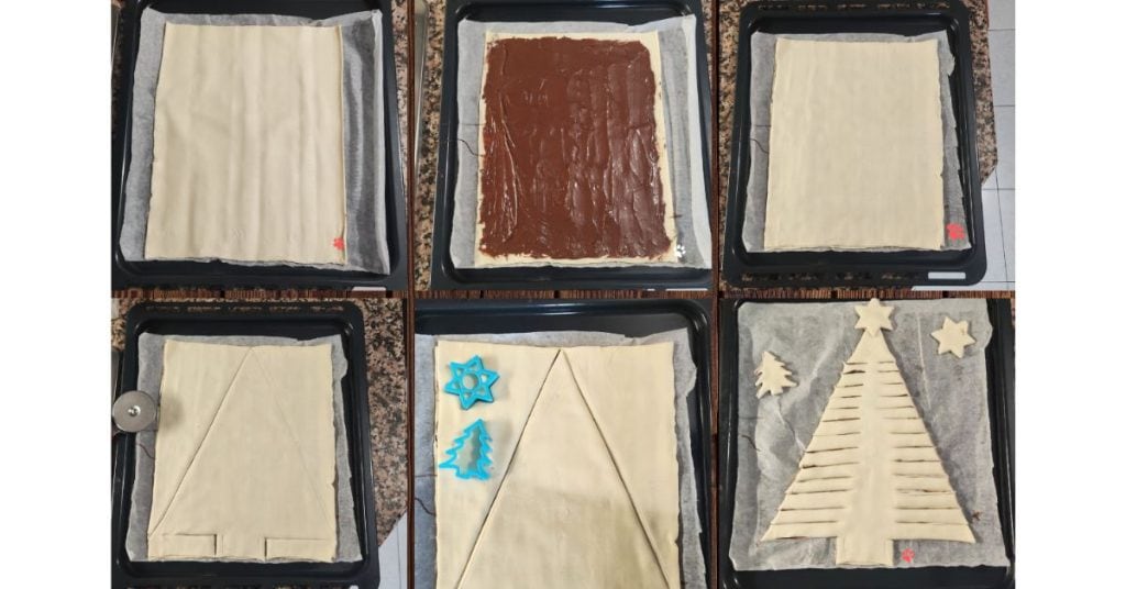 Ich streiche Nutella auf den Blätterteig und schneide die Form des Baumes aus